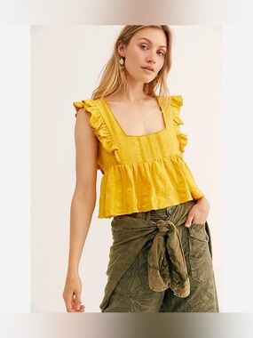 Free People Clementine Yellow Ruffle Square-Neck Women's Top Size Large